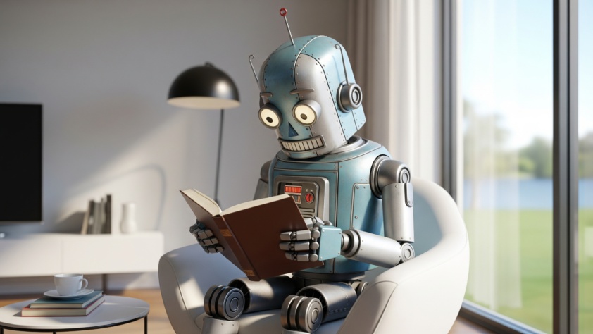 1950's era robot relaxing and reading