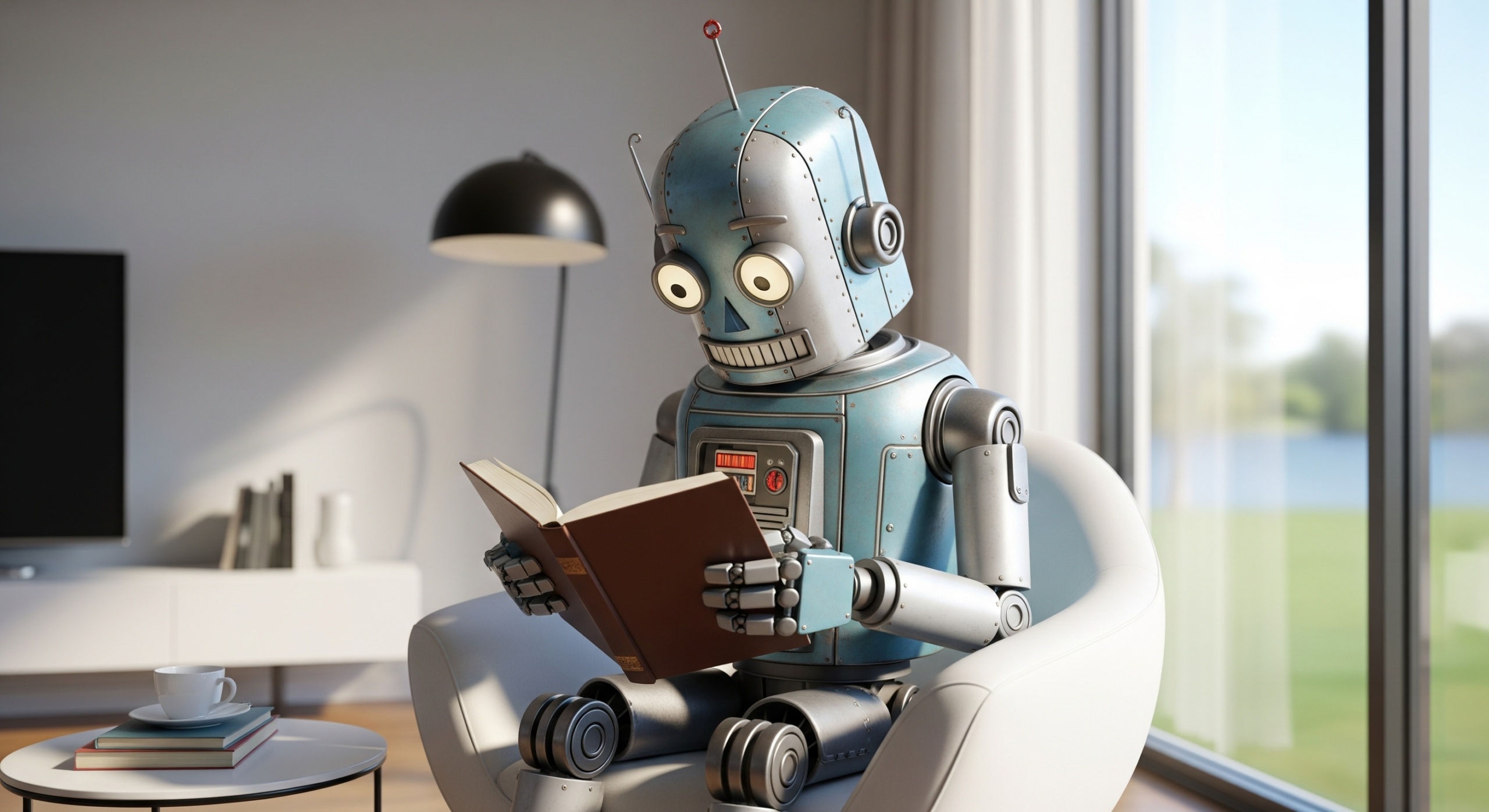 1950's era robot relaxing and reading